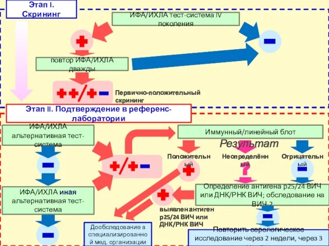 Этап I. Скрининг повтор ИФА/ИХЛА дважды Первично-положительный скрининг Этап II. Подтверждение