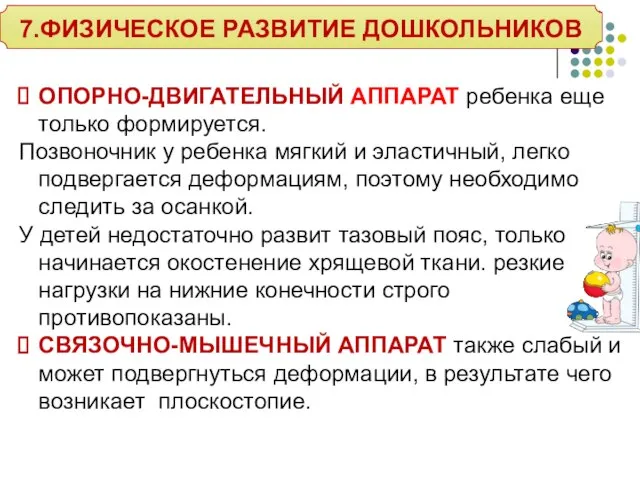 7.ФИЗИЧЕСКОЕ РАЗВИТИЕ ДОШКОЛЬНИКОВ ОПОРНО-ДВИГАТЕЛЬНЫЙ АППАРАТ ребенка еще только формируется. Позвоночник у