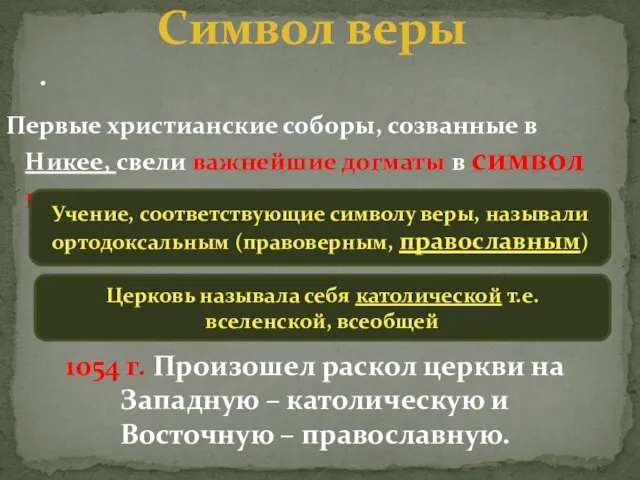 Первые христианские соборы, созванные в Никее, свели важнейшие догматы в символ