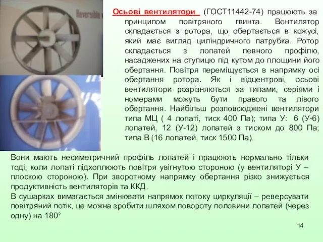 Осьові вентилятори (ГОСТ11442-74) працюють за принципом повітряного гвинта. Вентилятор складається з