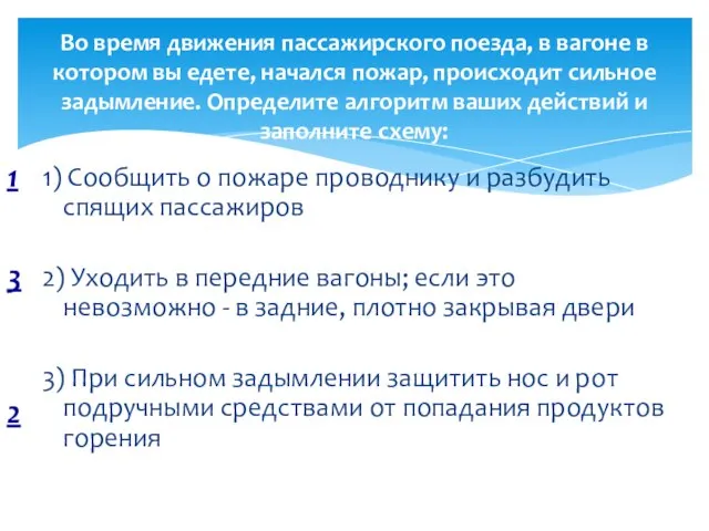 1) Сообщить о пожаре проводнику и разбудить спящих пассажиров 2) Уходить