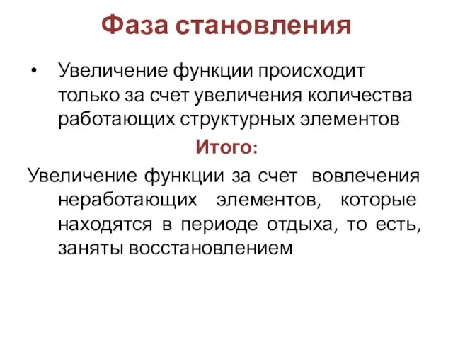 Фаза становления Увеличение функции происходит только за счет увеличения количества работающих