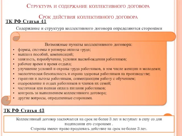 Структура и содержание коллективного договора Срок действия коллективного договора ТК РФ