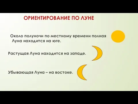 ОРИЕНТИРОВАНИЕ ПО ЛУНЕ Около полуночи по местному времени полная Луна находится