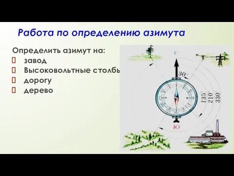 Работа по определению азимута Определить азимут на: завод Высоковольтные столбы дорогу дерево