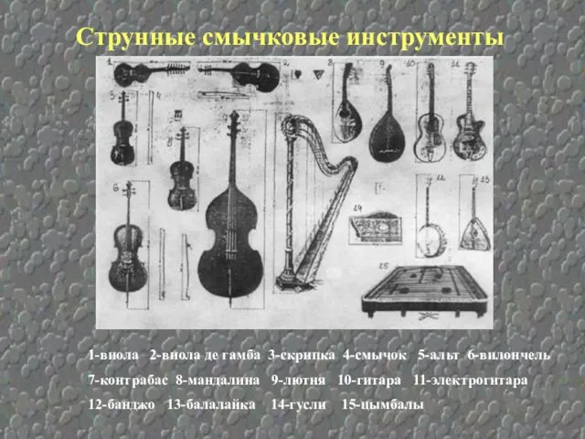 Струнные смычковые инструменты 1-виола 2-виола де гамба 3-скрипка 4-смычок 5-альт 6-вилончель