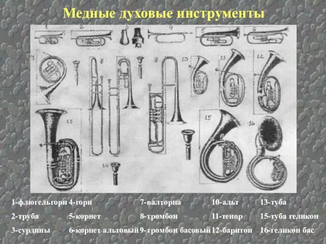 Медные духовые инструменты 1-флюгельгорн 2-труба 3-сурдины 4-горн 5-корнет 6-корнет альтовый 7-валторна