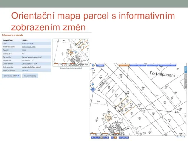 Orientační mapa parcel s informativním zobrazením změn