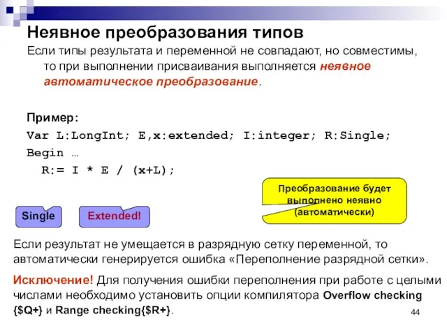 Неявное преобразования типов Если типы результата и переменной не совпадают, но