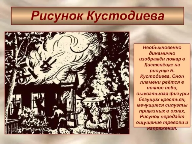 Рисунок Кустодиева Необыкновенно динамично изображён пожар в Кистенёвке на рисунке Б.Кустодиева.