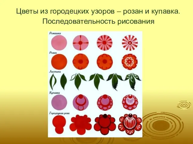 Цветы из городецких узоров – розан и купавка. Последовательность рисования