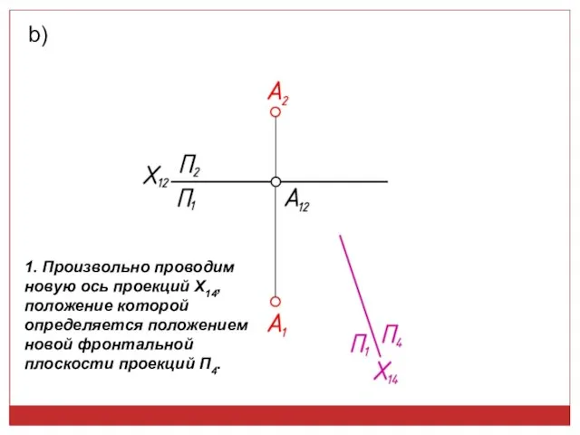 b) 1. Произвольно проводим новую ось проекций Х14, положение которой определяется