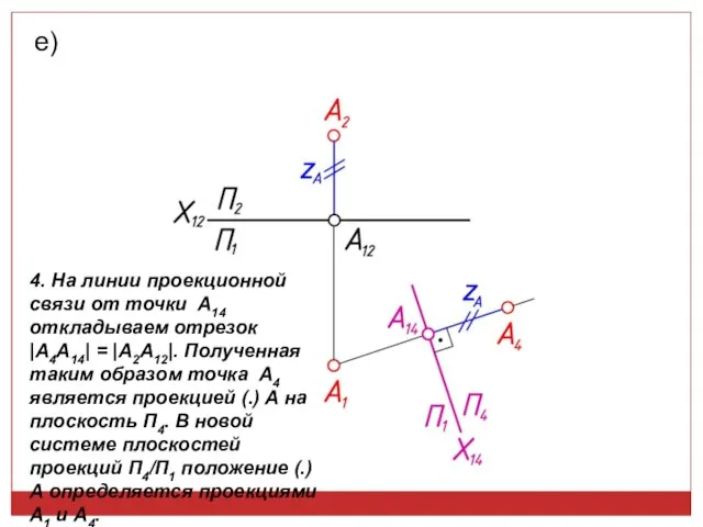 e) 4. На линии проекционной связи от точки А14 откладываем отрезок