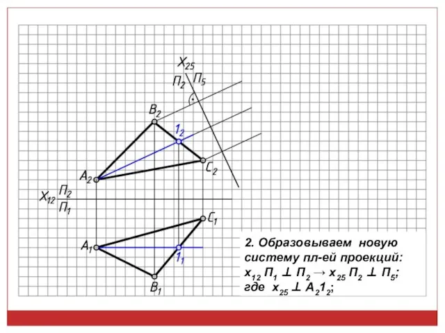 2. Образовываем новую систему пл-ей проекций: x12 П1 ⊥ П2 →