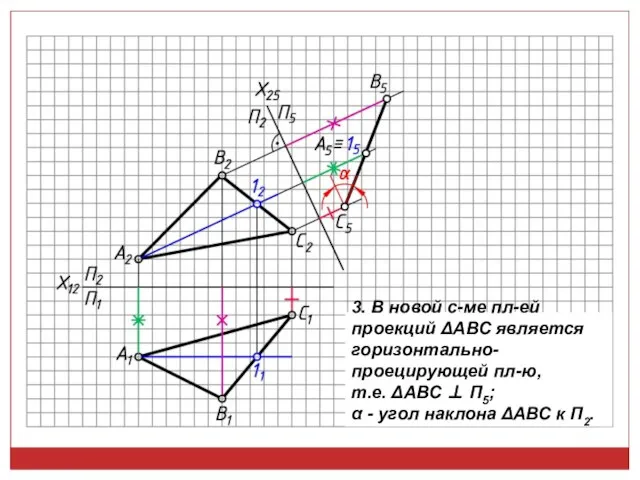 3. В новой с-ме пл-ей проекций ΔАВС является горизонтально-проецирующей пл-ю, т.е.