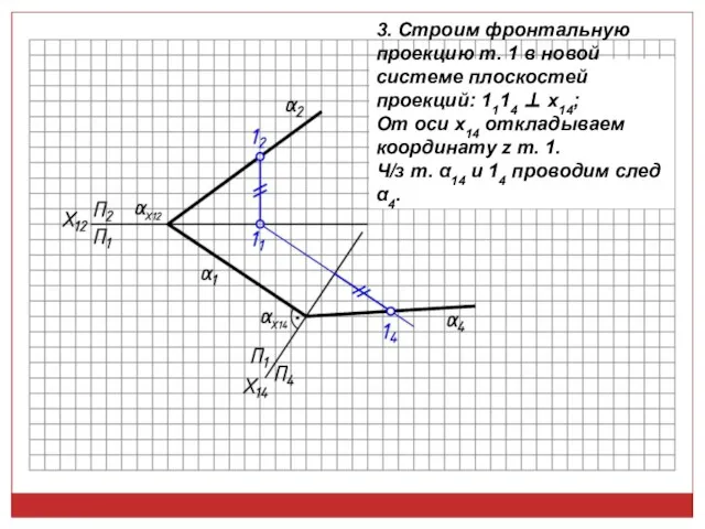 3. Строим фронтальную проекцию т. 1 в новой системе плоскостей проекций: