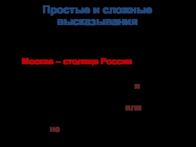 Простые и сложные высказывания Высказывания бывают простые и сложные. Москва –