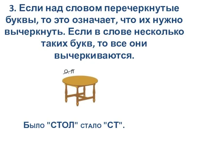 3. Если над словом перечеркнутые буквы, то это означает, что их