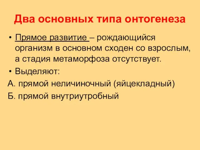 Два основных типа онтогенеза Прямое развитие – рождающийся организм в основном