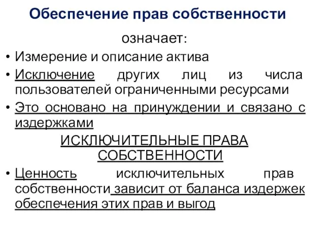 Обеспечение прав собственности означает: Измерение и описание актива Исключение других лиц