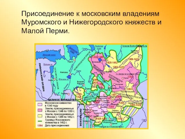 Присоединение к московским владениям Муромского и Нижегородского княжеств и Малой Перми.