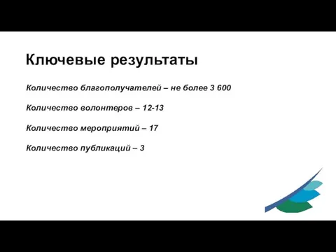 Ключевые результаты Количество благополучателей – не более 3 600 Количество волонтеров