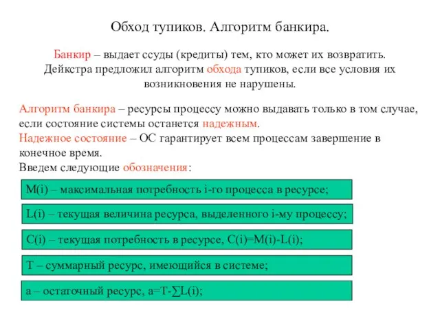 Обход тупиков. Алгоритм банкира. Банкир – выдает ссуды (кредиты) тем, кто