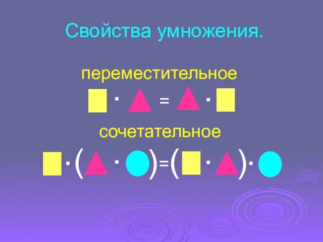 Свойства умножения. . = . переместительное . = . ( ( . ( ( . сочетательное