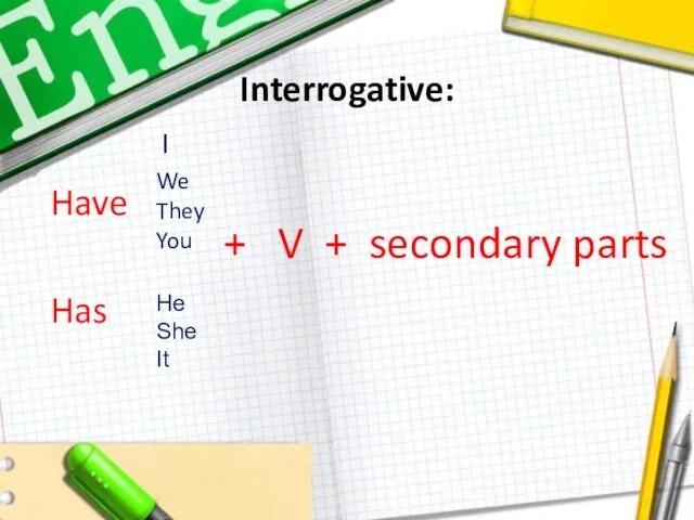Interrogative: Have Has + V + secondary parts