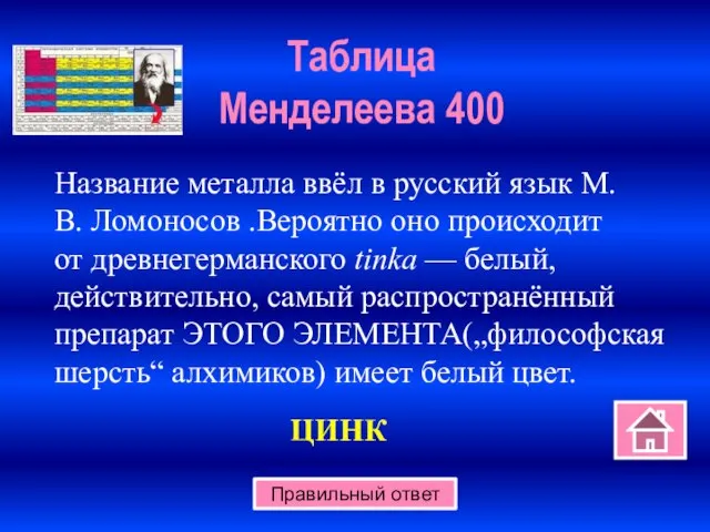 Таблица Менделеева 400 Правильный ответ Название металла ввёл в русский язык