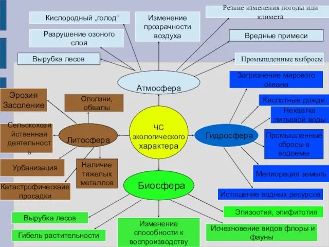 ЧС экологического характера Биосфера Атмосфера Литосфера Оползни,обвалы Промышденные выбросы Резкие изменения