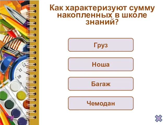 Как характеризуют сумму накопленных в школе знаний? Груз Ноша Багаж Чемодан