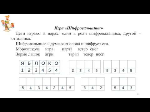 Игра «Шифровальщики» Дети играют в парах: один в роли шифровальщика, другой