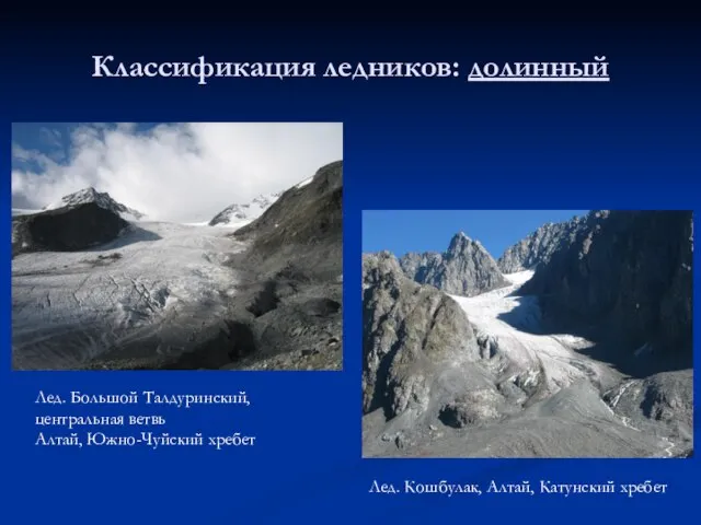 Классификация ледников: долинный Лед. Большой Талдуринский, центральная ветвь Алтай, Южно-Чуйский хребет Лед. Кошбулак, Алтай, Катунский хребет