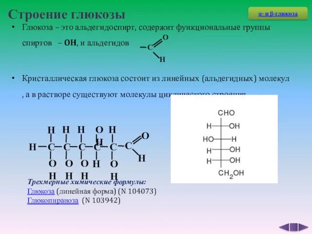 Строение глюкозы Глюкоза – это альдегидоспирт, содержит функциональные группы спиртов –