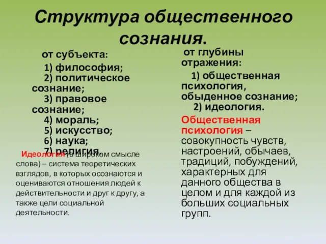 Структура общественного сознания. от субъекта: 1) философия; 2) политическое сознание; 3)