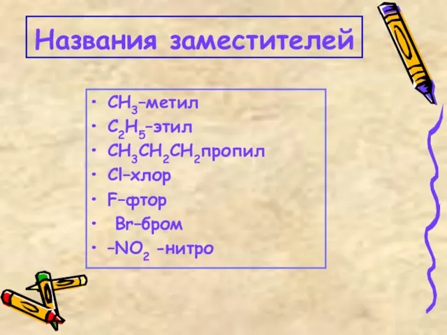 Названия заместителей СН3–метил С2Н5–этил СН3СН2СН2пропил Сl–хлор F–фтор Br–бром –NO2 -нитро