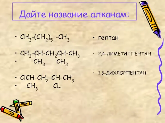 Дайте название алканам: CH3-(CH2)5 -CH3 CH3-CH-CH2CH-CH3 CH3 CH3 ClCH-CH2-CH-CH3 CH3 CL гептан 2,4-ДИМЕТИЛПЕНТАН 1,3-ДИХЛОРПЕНТАН