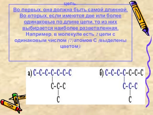 Для того, чтобы дать название разветвленному алкану нужно: 1) выбрать в