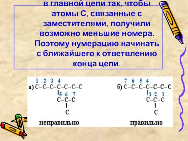 2) Пронумеровать атомы углерода в главной цепи так, чтобы атомы С,