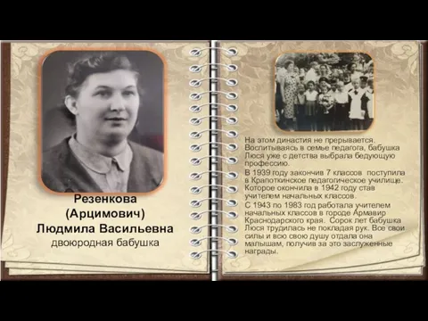 Резенкова (Арцимович) Людмила Васильевна двоюродная бабушка На этом династия не прерывается.