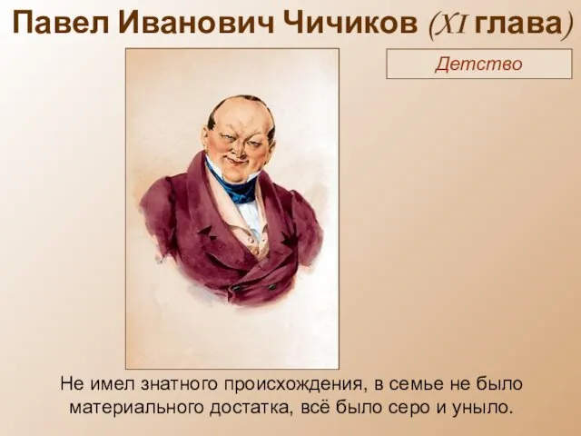 Павел Иванович Чичиков (XI глава) Детство Не имел знатного происхождения, в