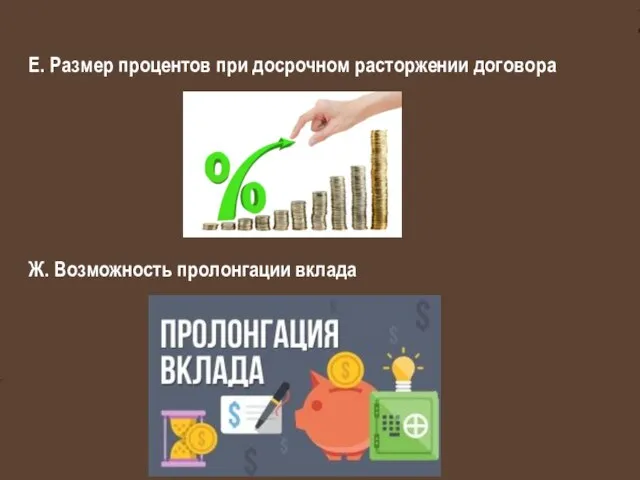 Е. Раз­мер про­цен­тов при до­сроч­ном рас­тор­же­нии до­го­во­ра Ж. Воз­мож­ность про­лон­га­ции вкла­да