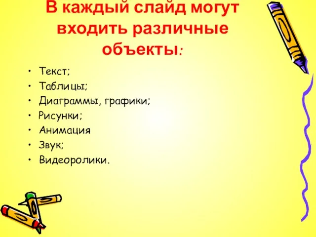 В каждый слайд могут входить различные объекты: Текст; Таблицы; Диаграммы, графики; Рисунки; Анимация Звук; Видеоролики.