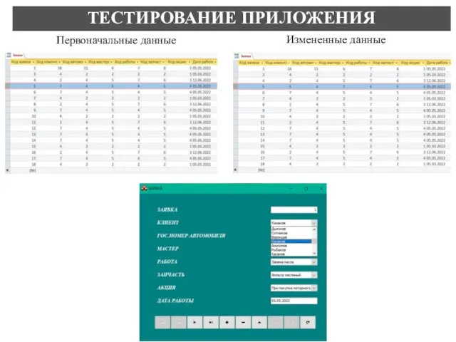 ТЕСТИРОВАНИЕ ПРИЛОЖЕНИЯ Измененные данные Первоначальные данные