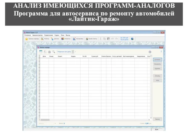 АНАЛИЗ ИМЕЮЩИХСЯ ПРОГРАММ-АНАЛОГОВ Программа для автосервиса по ремонту автомобилей «Лайтик-Гараж»