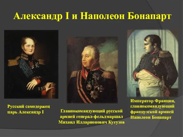 Главнокомандующий русской армией генерал-фельдмаршал Михаил Илларионович Кутузов Император Франции, главнокомандующий французской