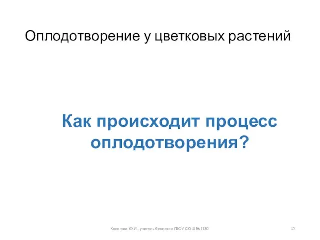 Оплодотворение у цветковых растений Косогова Ю.И., учитель биологии ГБОУ СОШ №1130 Как происходит процесс оплодотворения?