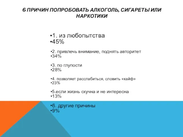 6 ПРИЧИН ПОПРОБОВАТЬ АЛКОГОЛЬ, СИГАРЕТЫ ИЛИ НАРКОТИКИ 1. из любопытства 45%