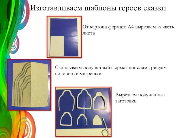 Изготавливаем шаблоны героев сказки От картона формата А4 вырезаем ¼ часть